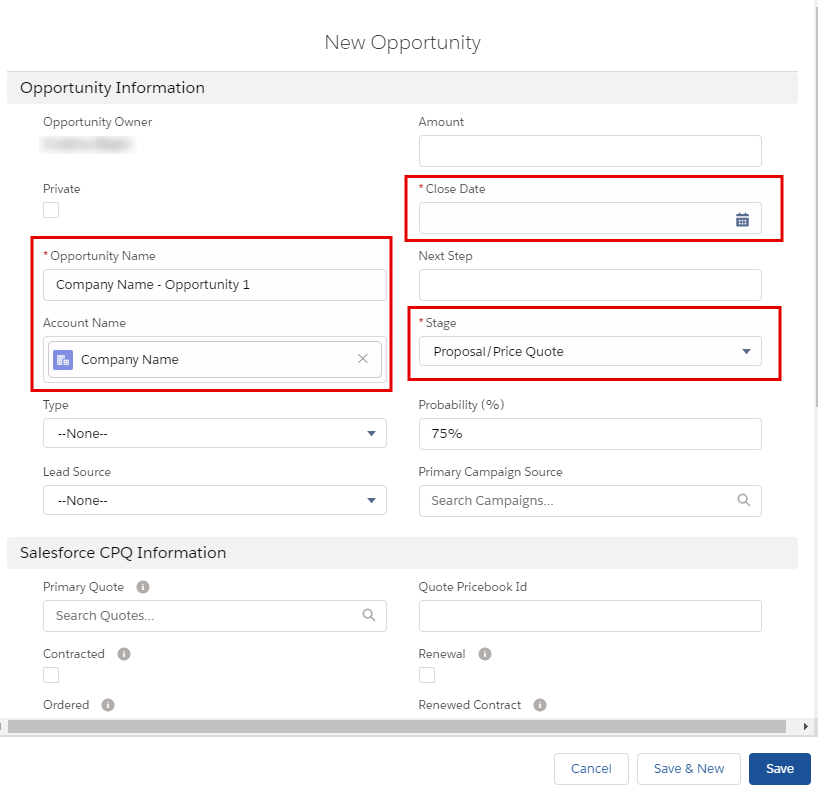 Salesforce CPQ New Opportunity Fileds,Picklists and Checkboxes